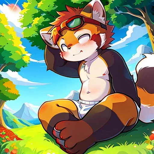 1boy，fuzzy, furry, white red panda, Red panda orc, Feet are wearing white socks, stand, grass background, dark red hair on body, red panda pattern, white belly, shy, cat ears, empty eyes, red hair, cat ears, panda ears, goggles, panorama, UHD, high quality，Dark brown hair