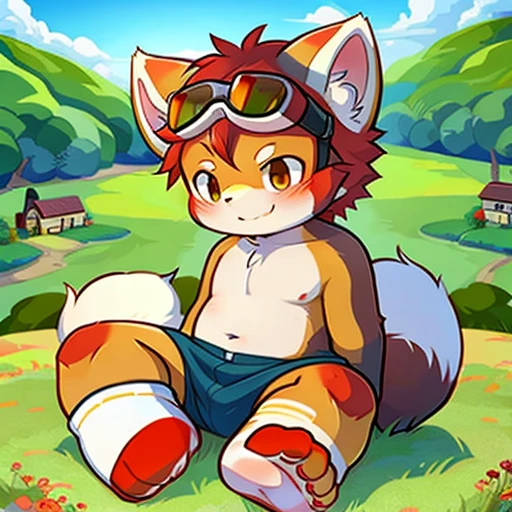 1boy，fuzzy, furry, white red panda, Red panda orc, Feet are wearing white socks, stand, grass background, dark red hair on body, red panda pattern, white belly, shy, cat ears, empty eyes, red hair, cat ears, panda ears, goggles, panorama, UHD, high quality，Dark brown hair