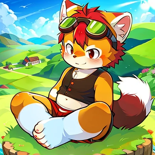 1boy,fuzzy, furry, white red panda, Red panda orc, Feet are wearing white socks, stand, grass background, dark red hair on body, red panda pattern, white belly, shy, cat ears, empty eyes, red hair, cat ears, panda ears, goggles, panorama, UHD, high quality,Dark brown hair