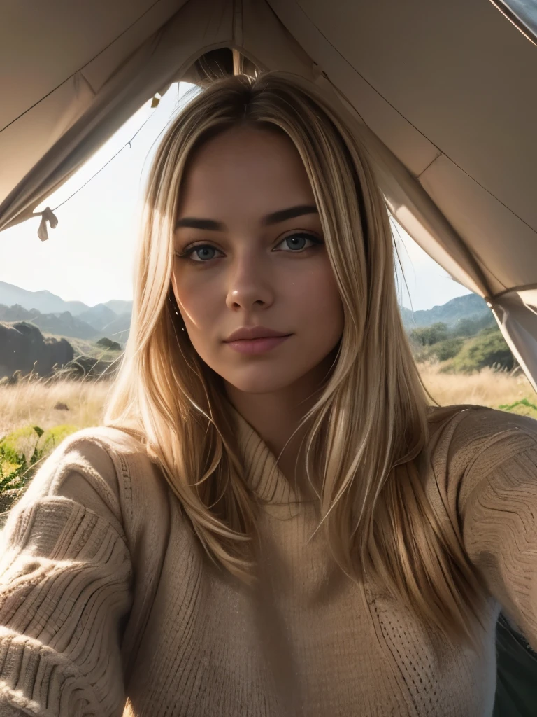 1 woman, age 23, American, beautiful, ((upper body selfie, happy)), Filming at the entrance of a tent. Showing exterior. Beautiful backlight,Masterpiece, Best Quality, Ultra-detailed, Solo, cheerful, happy, Cosy in a sleeping bag, ((open  tent, showing wild jungle scenery )).clear skies, analog style (looking up at viewer:1.2) (skin texture) (film grain:1.3), (warm hue, warm tone:1.2), close-up, Cinematic light, Sidelighting, The ultra-Highres, best shadows, ..raw, upper half body, wearing pullover, Relaxed and intimate photos, blonde hairs,