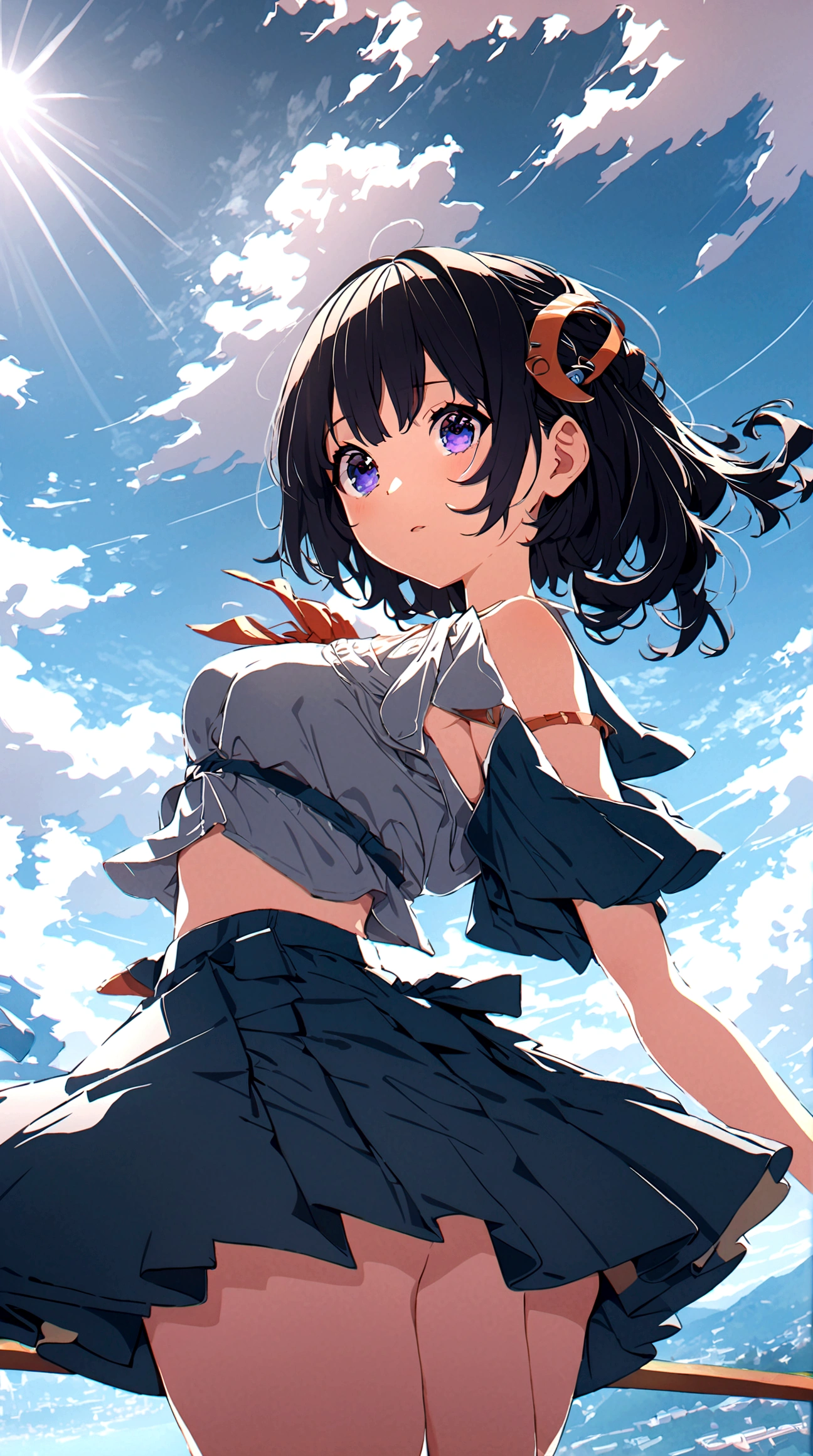 Movement, high resolution Beautiful blue eyes, full body expression, one girl, alone, blue sky background, bright, blue sky, clouds, sunny, student, young person, blue and white main color, solo focus, love, accessories, beautiful hairstyle, beautiful eyes, gloss High Resolution, Zoom Out, Quality (8K, Small Exposure, Highly Detailed CG Unit Wallpaper, Masterpiece, High Resolution, Top Quality, Highest Quality, Surreal, Increase Resolution, Highest Quality, Highly Detailed, wallpaper, movie lighting, ray tracing, golden ratio\),