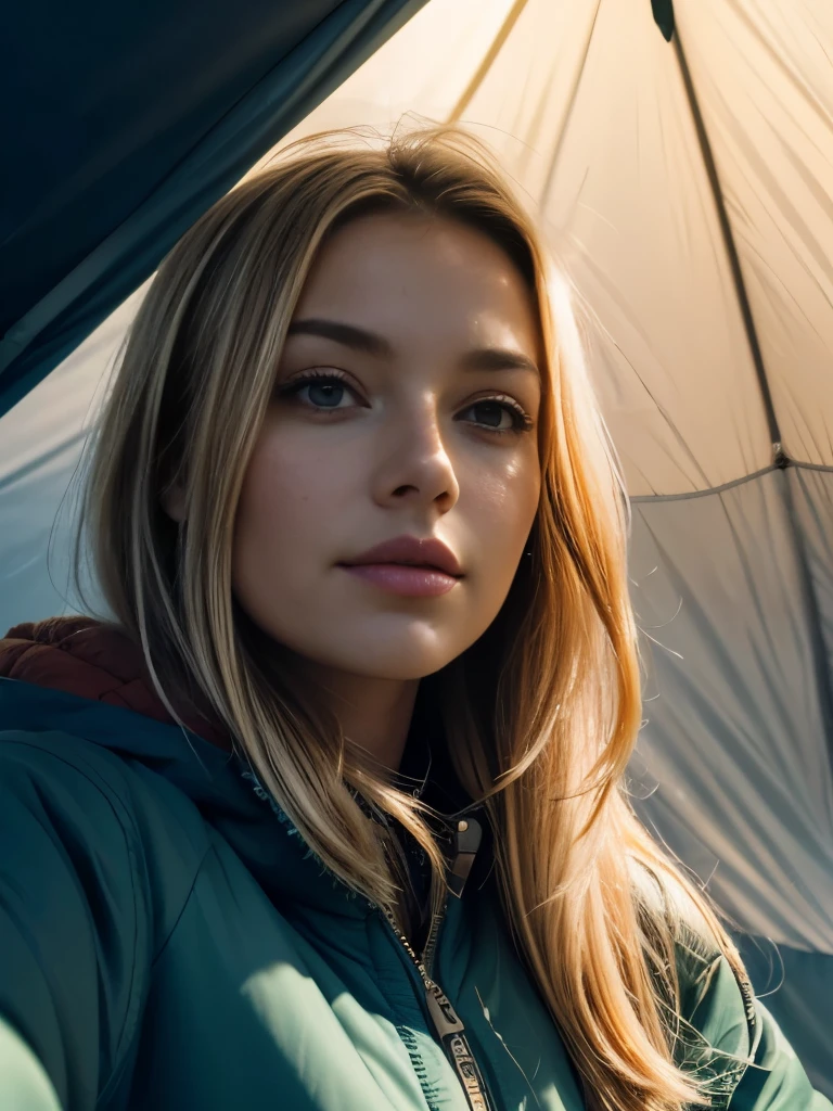 1 woman, age 23, American, beautiful, ((upper body selfie, happy)), Filming in a tent, Beautiful backlight, Tent Open Sign,Masterpiece, Best Quality, Ultra-detailed, Solo, cheerful, happy, Cosy in a sleeping bag, Inside the tent, open  tent, showing wild jungle scenery outside.clear skies, analog style (looking up at viewer:1.2) (skin texture) (film grain:1.3), (warm hue, warm tone:1.2), close-up, Cinematic light, Sidelighting, The ultra-Highres, best shadows, ..raw, upper half body, wearing pullover, Relaxed and intimate photos, blonde hairs,