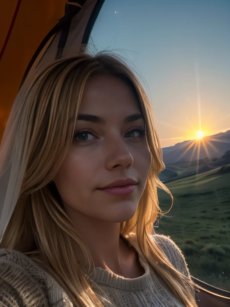 1 woman, American, beautiful, ((upper body selfie, happy)), Filming in a tent, Beautiful backlight, Tent Open Sign,Masterpiece, Best Quality, Ultra-detailed, Solo, exteriors, (natta), mountains, Nature, (sao, the moon) cheerful, happy,, Cosy in a sleeping bag, Inside the tent, When you open the tent, You can see wild Italian tuscan scenery outside.clear skies, analog style (looking up at viewer:1.2) (skin texture) (film grain:1.3), (warm hue, warm tone:1.2), close-up, Cinematic light, Sidelighting, The ultra-Highres, best shadows, ..raw, upper half body, wearing pullover, Relaxed and intimate photos, blonde hairs,