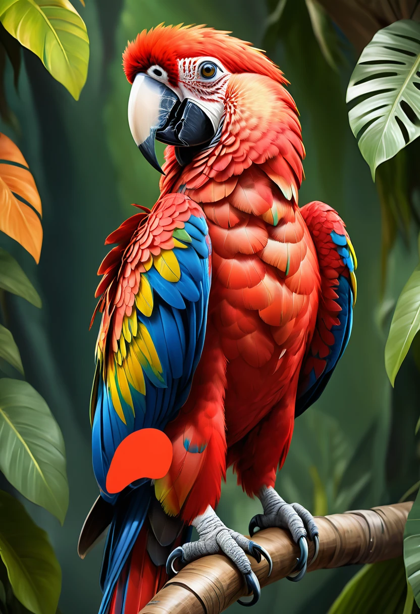 Create an realistic illustrated, hand-drawn, full-color image of an anthropomorphic Scarlet macaw women. The artwork should be rendered in the style of "Breath of the Wild," featuring warm lighting and shadows. Include graphite shading, stencil marks, and airbrushed acrylic paint effects. dress. The image should be of the highest quality, a masterpiece with intricate details. The Scarlet macaw women should have a female, humanoid, appearance. She should have luscious lips, a wide smile, and bright, expressive eyes, exuding beauty, cuteness, and adorableness. Ensure the image is high resolution and sharply detailed, with a detailed and vibrant background. Incorporate mystical lighting in the background, creating a romantic and enchanting atmosphere.
