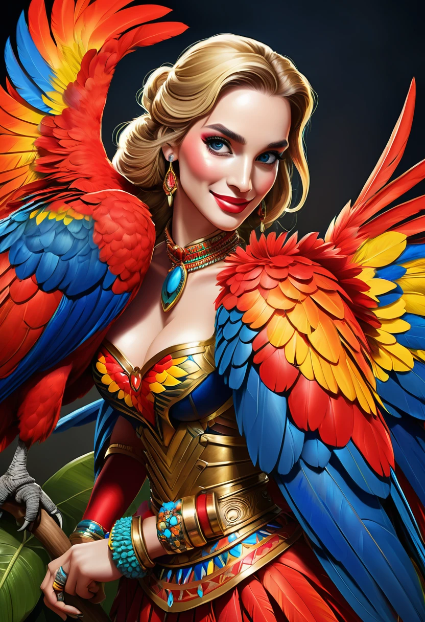 Create an realistic illustrated, hand-drawn, full-color image of an anthropomorphic Scarlet macaw women. The artwork should be rendered in the style of "Breath of the Wild," featuring warm lighting and shadows. Include graphite shading, stencil marks, and airbrushed acrylic paint effects. dress. The image should be of the highest quality, a masterpiece with intricate details. The Scarlet macaw women should have a female, humanoid, appearance. She should have luscious lips, a wide smile, and bright, expressive eyes, exuding beauty, cuteness, and adorableness. Ensure the image is high resolution and sharply detailed, with a detailed and vibrant background. Incorporate mystical lighting in the background, creating a romantic and enchanting atmosphere.
