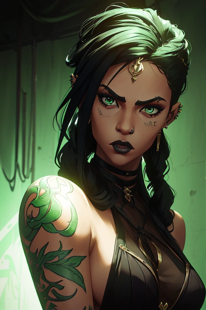 (one girl), (black hair), (green eyes), has (tattoos), (piercings), (light skin but not that light), (long hair) (gothic dark style) (fighting)