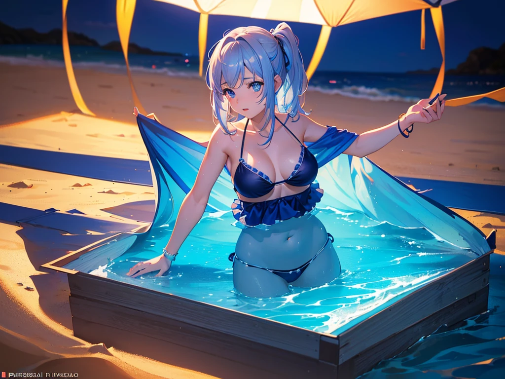 anime, Style, 1 girl in a blue bikini, on the beach in the night(best quality, 4k, 8k, high resolution, obra-prima: 1.2), ultra-detailed, (realista, fotorealista, foto-realista: 1.37) colorido com vibrantes cores, soft lighting