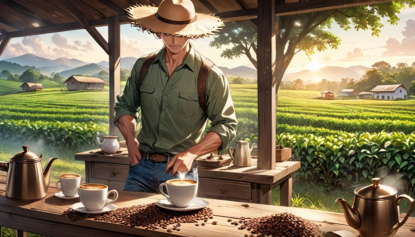 Create an image for a coffee advertising campaign with the following scenario: A green field with coffee plantations at dawn. In the center of the image, a robust and determined man, wearing practical work clothes (jeans, long-sleeved shirt and straw hat), is harvesting coffee beans with a look of pride and satisfaction. Next to him is a rustic table with a steaming cup of coffee, an antique coffee pot, and scattered coffee beans. The lighting is soft and natural, highlighting the beauty of the countryside and the man's dedication to his work. Add a slogan at the top of the image that says "Strength and Dedication in Every Grain."