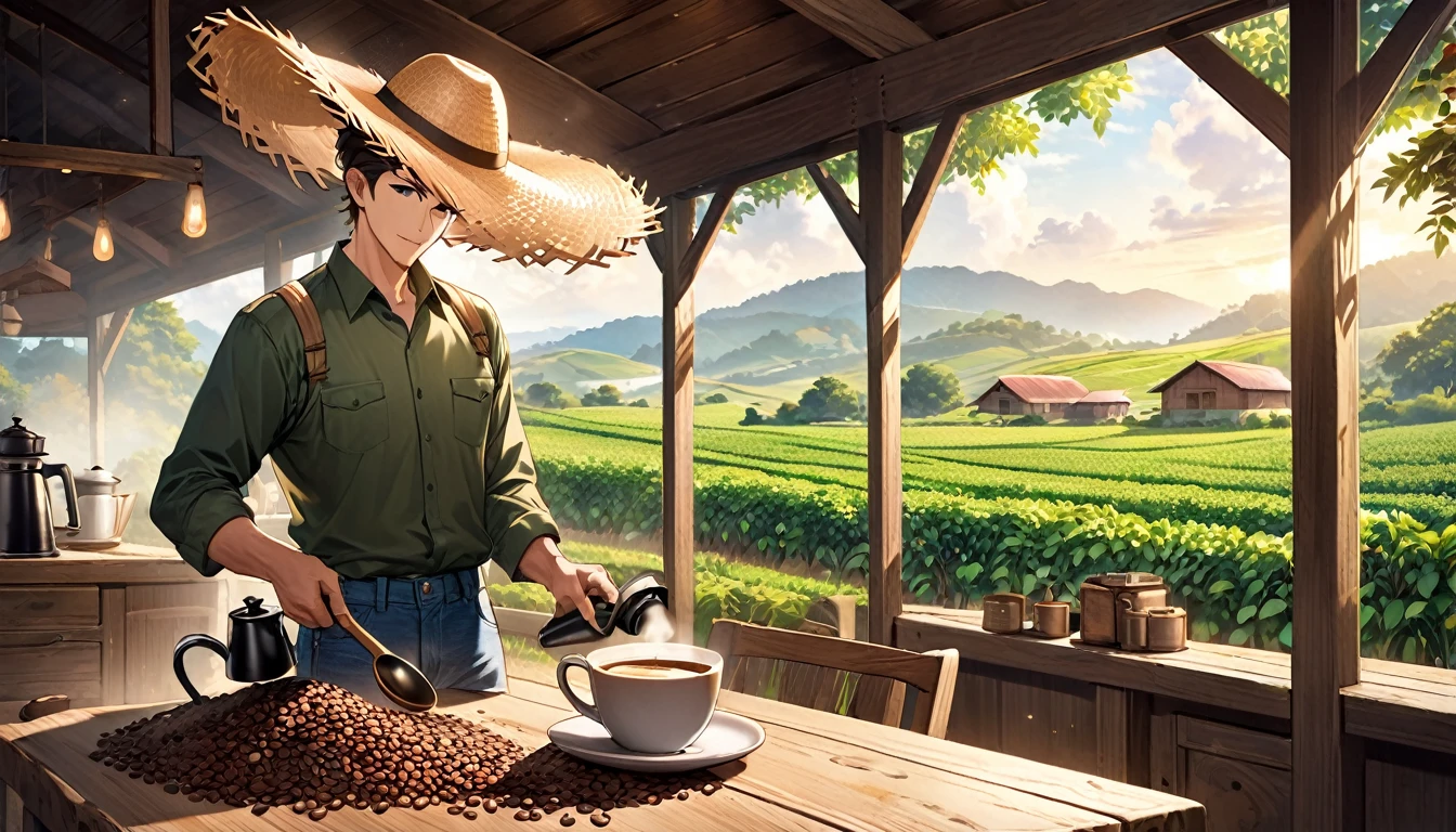 Create an image for a coffee advertising campaign with the following scenario: A green field with coffee plantations at dawn. In the center of the image, a robust and determined man, wearing practical work clothes (jeans, long-sleeved shirt and straw hat), is harvesting coffee beans with a look of pride and satisfaction. Next to him is a rustic table with a steaming cup of coffee, an antique coffee pot, and scattered coffee beans. The lighting is soft and natural, highlighting the beauty of the countryside and the man's dedication to his work. Add a slogan at the top of the image that says "Strength and Dedication in Every Grain."