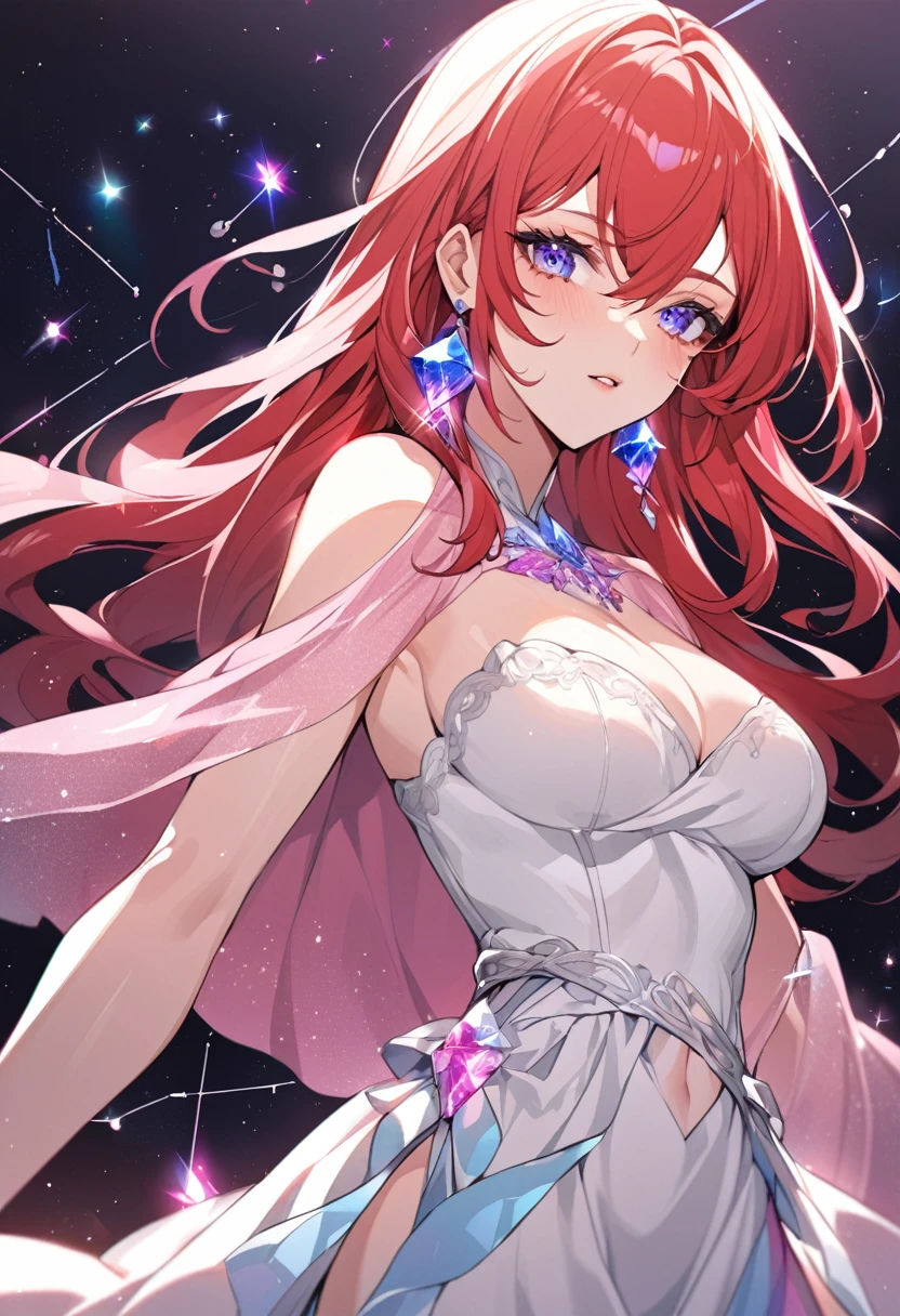 a beautiful adult woman, she wears a white dress mixed with a plain pink shawl, her hair is blue mixed with red hair, she has the constellation ability like colorful crystal. she wears pink and purple crystal earrings, Manhwa style.