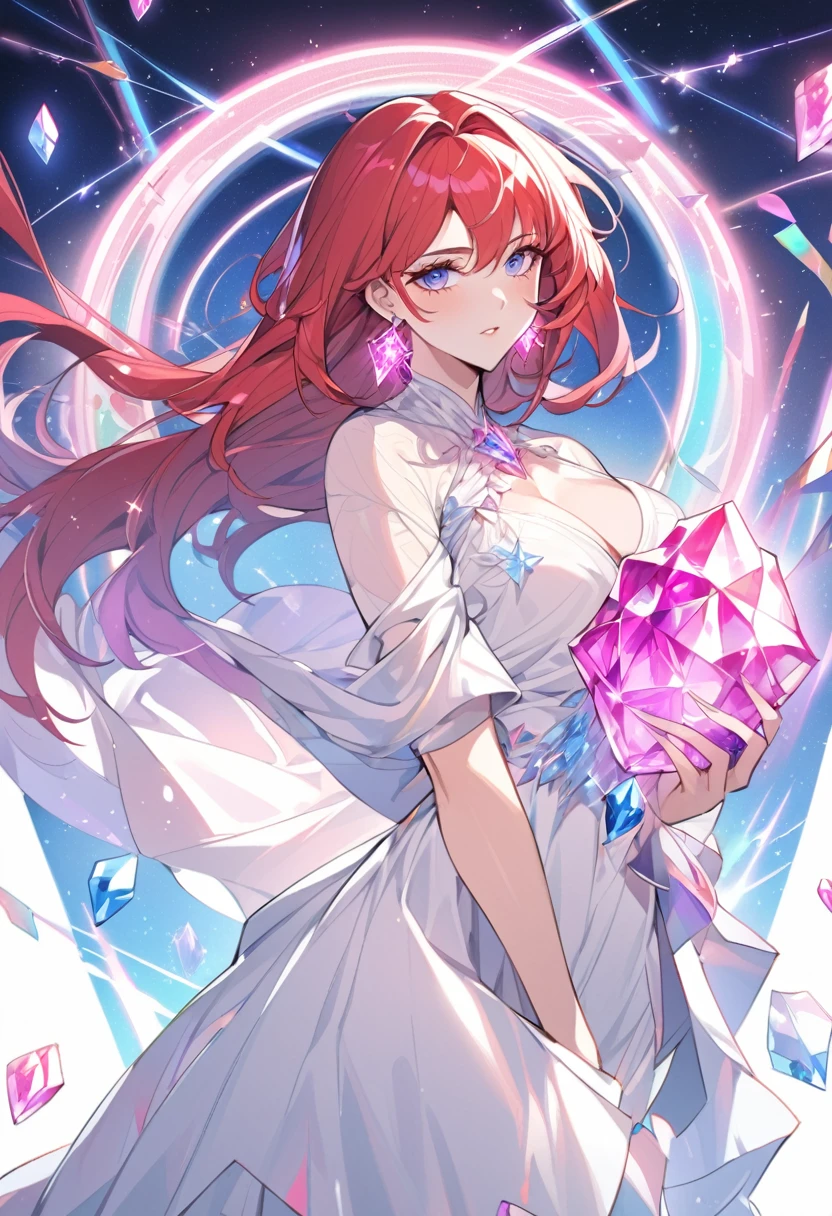 a beautiful adult woman, she wears a white dress mixed with a plain pink shawl, her hair is blue mixed with red hair, she has the constellation ability like colorful crystal. she wears pink and purple crystal earrings, Manhwa style.