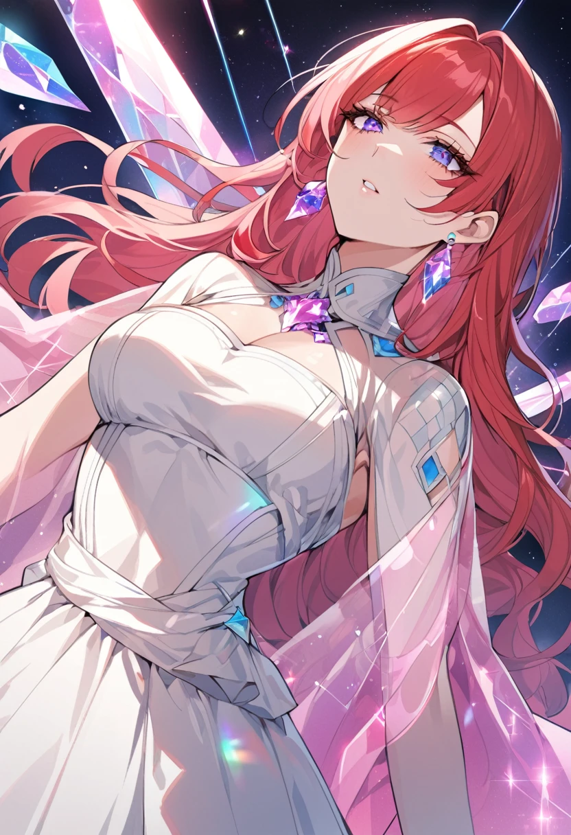a beautiful adult woman, she wears a white dress mixed with a plain pink shawl, her hair is blue mixed with red hair, she has the constellation ability like colorful crystal. she wears pink and purple crystal earrings, Manhwa style.  