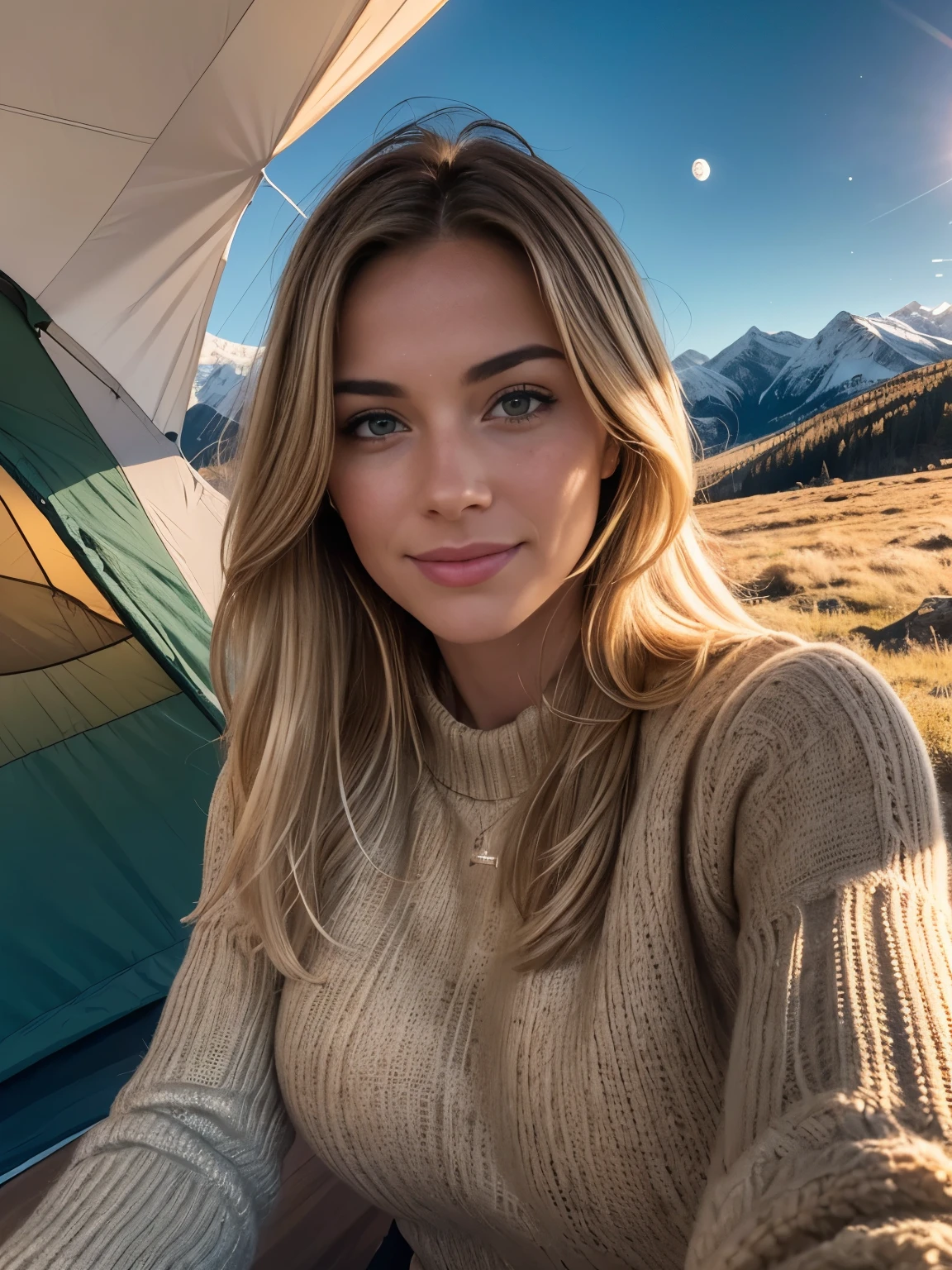1 woman, American, beautiful, ((upper body selfie, happy)), Filming in a tent, Beautiful backlight, Tent Open Sign,Masterpiece, Best Quality, Ultra-detailed, Solo, exteriors, (natta), mountains, Nature, (sao, the moon) cheerful, happy,, Cosy in a sleeping bag, Inside the tent, When you open the tent, You can see wild Colorado scenery outside.clear skies, analog style (looking up at viewer:1.2) (skin texture) (film grain:1.3), (warm hue, warm tone:1.2), close-up, Cinematic light, Sidelighting, The ultra-Highres, best shadows, ..raw, upper half body, wearing pullover, Relaxed and intimate photos, blonde hairs,