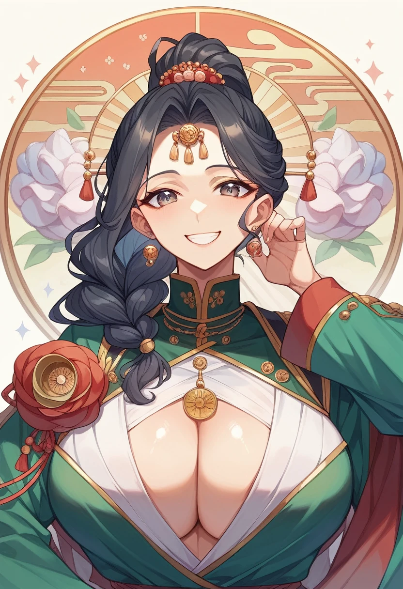 super huge super huge Super giant chest、A dark-haired、He drowned、ponytail braid、premium、Beautiful women、Beautiful Kyoto background、Beautiful gramophone、SMILE、