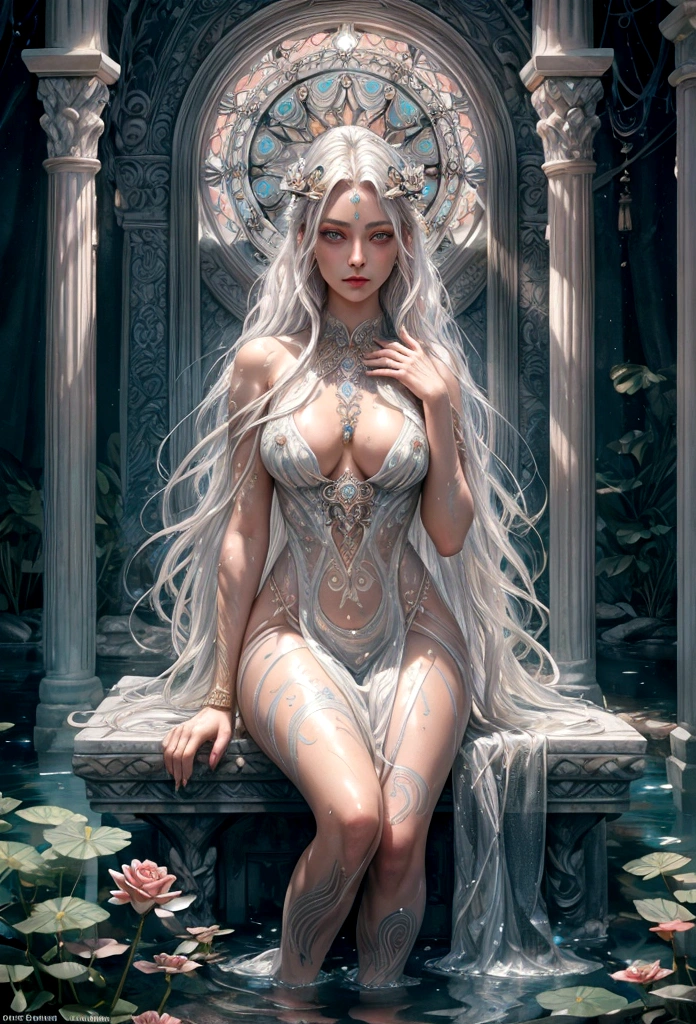 , full body shot, Platinum hair, long curly hair, Real water, Transparent white mini t-shirt, extremely detailed art, blushing, water running down the body, large breasts, sexual expressive, glowing skin, intricate, elegant and highly detailed digital photography, majestic and realistic painting, golden butterfly filigree, (masterpiece, side lighting, beautiful finely detailed eyes: 1.2), expressive eyes looking sideways, perfect face, portrait of a beautiful goddess with platinum hair, intricate digital photography, elegant, highly detailed, majestic, beautiful finely detailed eyes: 1.2), HDR, (detailed background window to a new dimension, plants and flowers: 1.1) infinity, infinity symbol, night sky with full moon, (masterpiece), best quality, expressive eyes, perfect face, highly detailed face and body, cinematic lighting, photorealistic, 1 girl 25 years old, bright golden eyes, big eyes, well lit, beautiful and aesthetic: 1.2), (1 girl), (fractal art: 1.3), colorful, more detailed, beautiful goddess lying in bed over pond, bed floating over pond, Caucasian girl with shiny silver hair, full female body, golden eyes, oriental mandala tattoos, transparent dresses, skin wet with water, stormy sky, sunset sky, red storm clouds, interior of ancient temple flooded with water, Greek columns, floating old clock, lamp, lantern, beautiful girl with a slight smile, forest, flowers and roses, sitting on a pedestal marble, front view, magic, fantasy, waterfall, tattoos of mandalas and flowers on the naked body, toes submerged in water, Highly detailed CG unity 8k wallpaper, style shot, complex, dramatic, highest quality movie still image, sea goddess rising from water, full body, European face woman, Nia, Turquoise color eyes, Warm Lighting Style, Forest of Forever