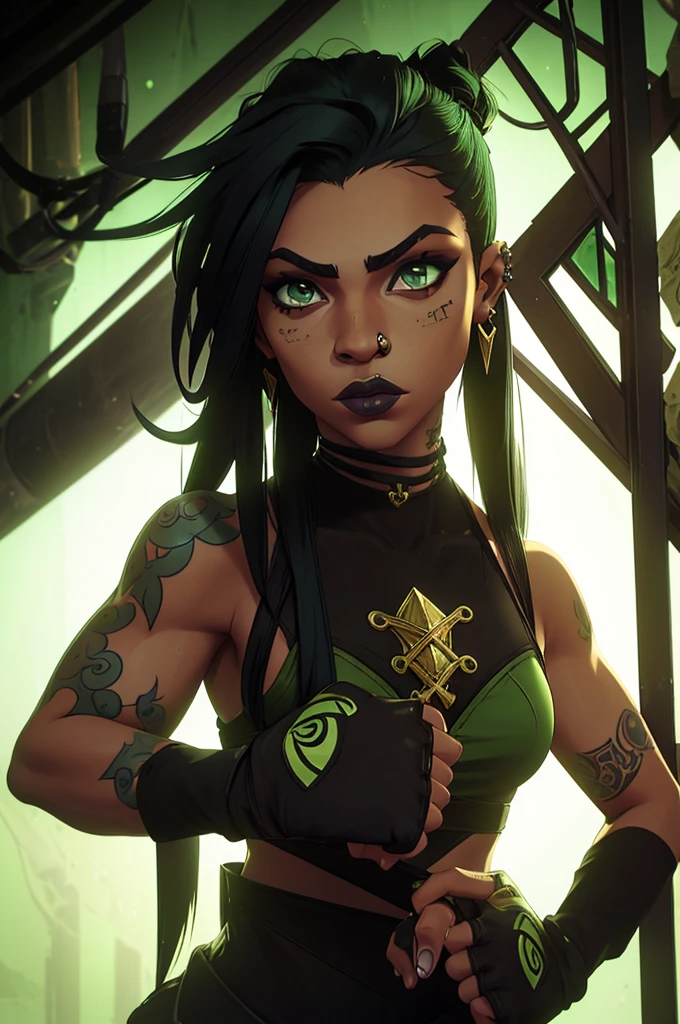 (one girl), (black hair), (green eyes), has (tattoos), (piercings), (light skin but not that light), (long hair) (gothic dark style) (boxing guard)