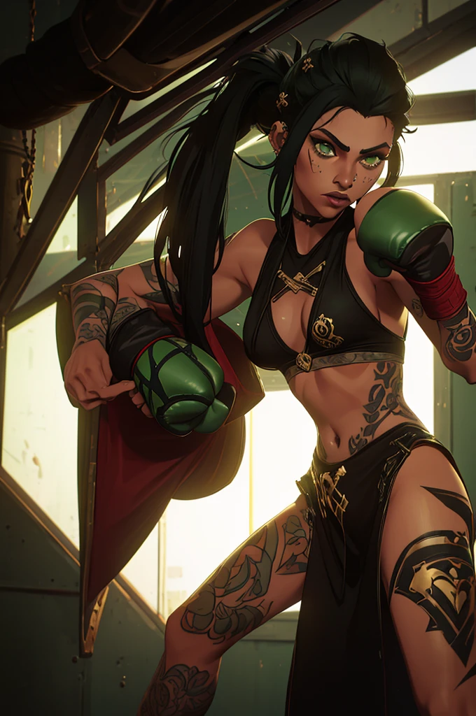 (one girl), (black hair), (green eyes), has (tattoos), (piercings), (light skin but not that light), (long hair) (gothic dark style) (boxing guard)