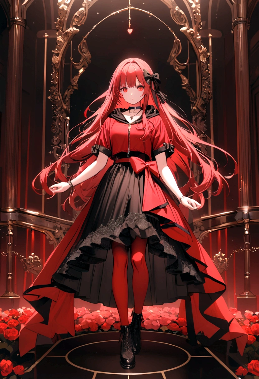 a with a red skirt and a black skirt that is under the red shirt . red stockings . red zip up hoodie, black shirt underneath with short sleeves and ,red hair, long hair and a flower with a ribbon on the bottom on the side on the hair and red eyes has a black Choker , and a small heart red necklace , full body has a ribbon bow waistband , 