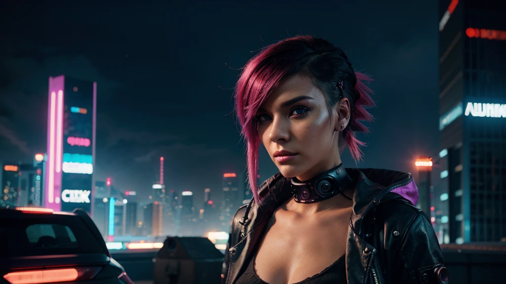 cyberpunk woman, futuristic punk hairstyle in fuchsia, city in background, cyberpunk buildings with neon lights, high quality, photorealistic, cinematic
