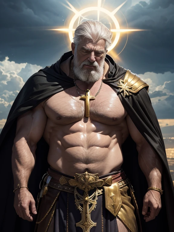 Hyperrealistic image of a holy old man with a body full of stigmata bleeding with his hands joined in prayer from the 1st century AD.c over 80 years old with gray hair and a halo with rays of light on his head body of a super heavy and very handsome bodybuilder with huge flabby pecs and big, pointy nipples very sweaty in a sky of stormy clouds with lightning dressed only in a Roman skirt of leather and gold and a cape and a large cross of gold and jewels on the chest the chest. 