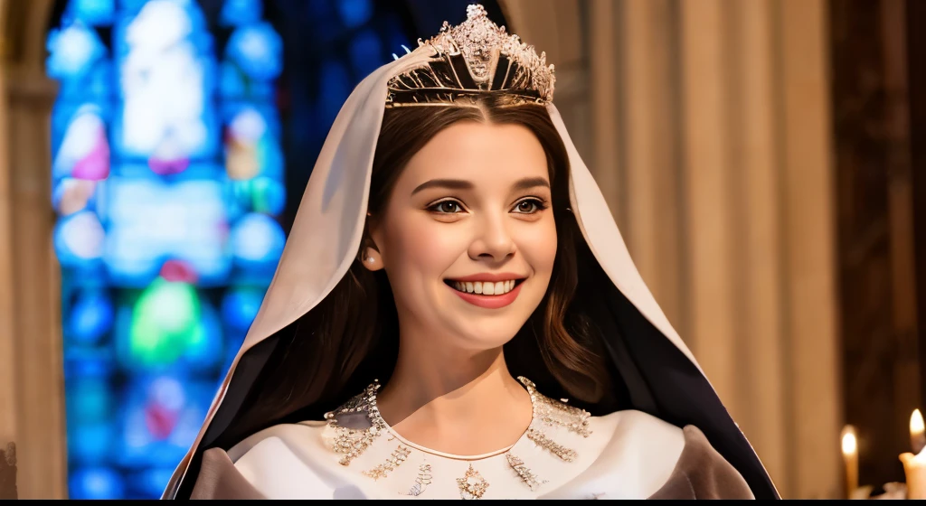 Young beautiful woman, huge-breasted, light brown hair, Lips, princess,fullbody image,robe blanche,Jewel-encrusted tiara,coronation ceremony,inside a church,fullbody image,The applause of the nuns,Everyone smiled,