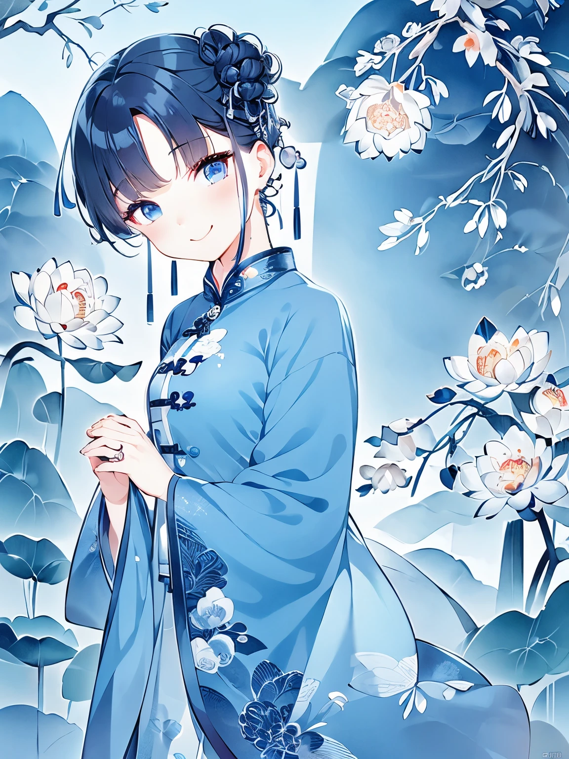 Eyes are very fragile，Double braids with cheongsam，Chinese New Year Decorations（（Smiling artwork）））， （（best quality））， （（Intricate details））， （（Surreal））（8K）