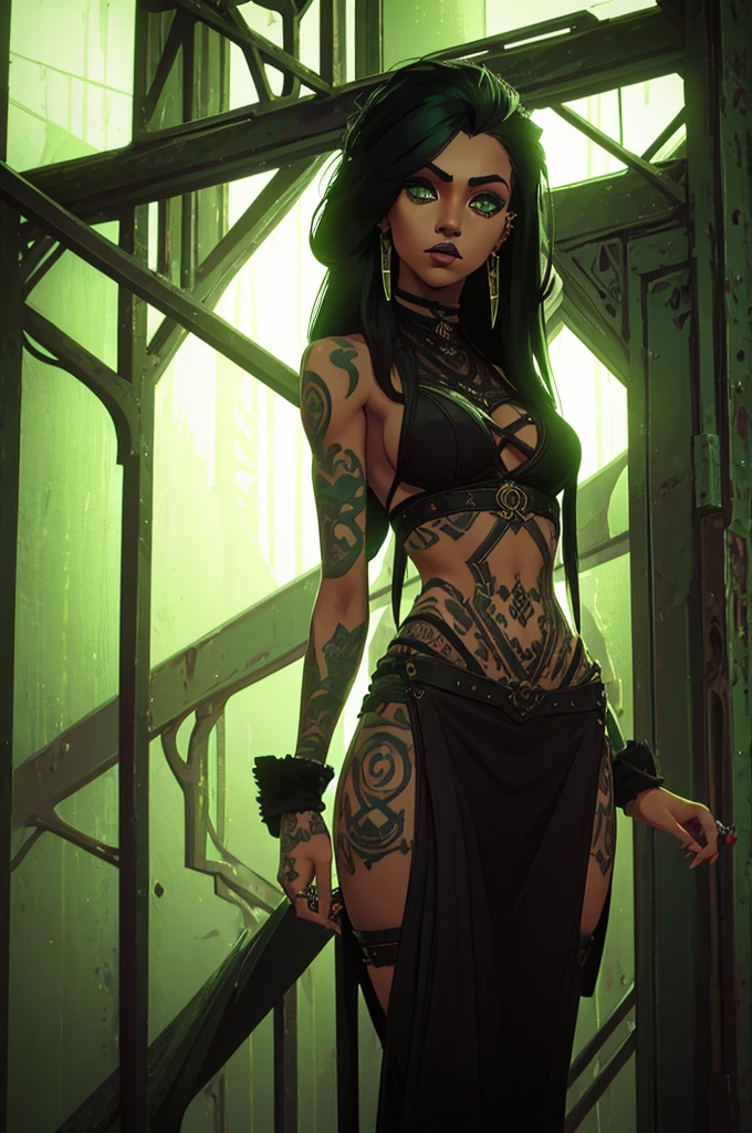 (one girl), (black hair), (green eyes), has (tattoos), (piercings), (light skin but not that light), (long hair) (gothic dark style) (sangrando)