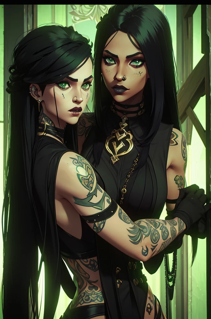 (one girl), (black hair), (green eyes), has (tattoos), (piercings), (light skin but not that light), (long hair) (gothic dark style) (sangrando)