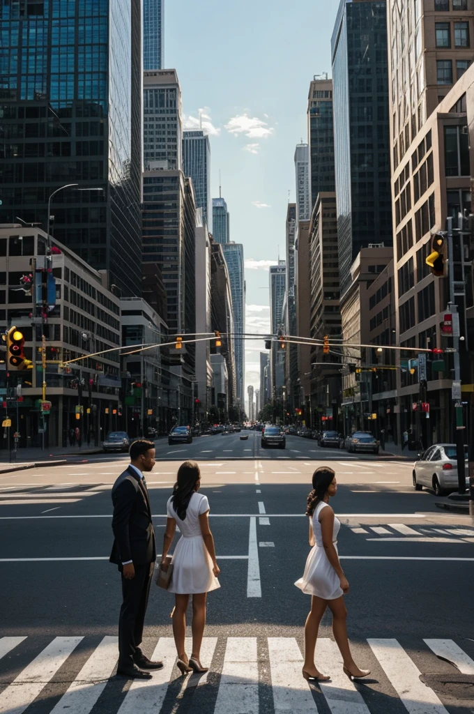 in an urban environment, two people are separated by a busy street. on one side, a woman in a white dress, stop near a traffic light. In the other side, a man watches from the opposite sidewalk. among them, Vehicles pass quickly as daylight diminishes. The scenario shows a typical cityscape with tall buildings and visible traffic signs, reflecting the physical distance and contrast between both characters.