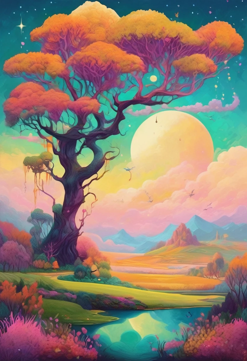 (((The best quality))), ((Masterpiece)) (fantasy landscape illustration) minimalist and aesthetic print, High Definition, detailed, magical creatures, vibrant and ethereal colors.
