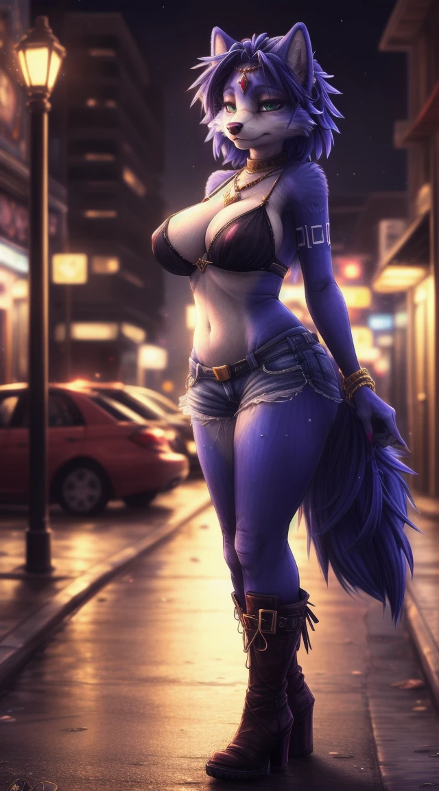 uploaded on e621, (((by Dimwitdog))), solo female (((krystal))), wear (((slutty street hooker outfit))), (detailed krystal), krystal starfox, (detailed lighting),(detailed fur), (detailed big breasts), big breasts, (detailed skin), BREAK, ((standing at a street corner at night)), (cinematic lighting), ((detailed background)), ((depth of field)), (half body shadow), ((looking at viewer)), (low-angle view), ((three-quarter view)), [backlighting], [detailed ambient light], [gray natural lighting], [ambient light on the belly], [realistic proportions], [explicit content, adult, nsfw], [sharp focus], (questionable content), (shaded), (hi res), ((masterpiece)), half-closed eyes, bimbo, (prostitute), money, condom wrapper strip, denim shorts, microkini top, hooker boots, after prostitution, sloppily dressed,