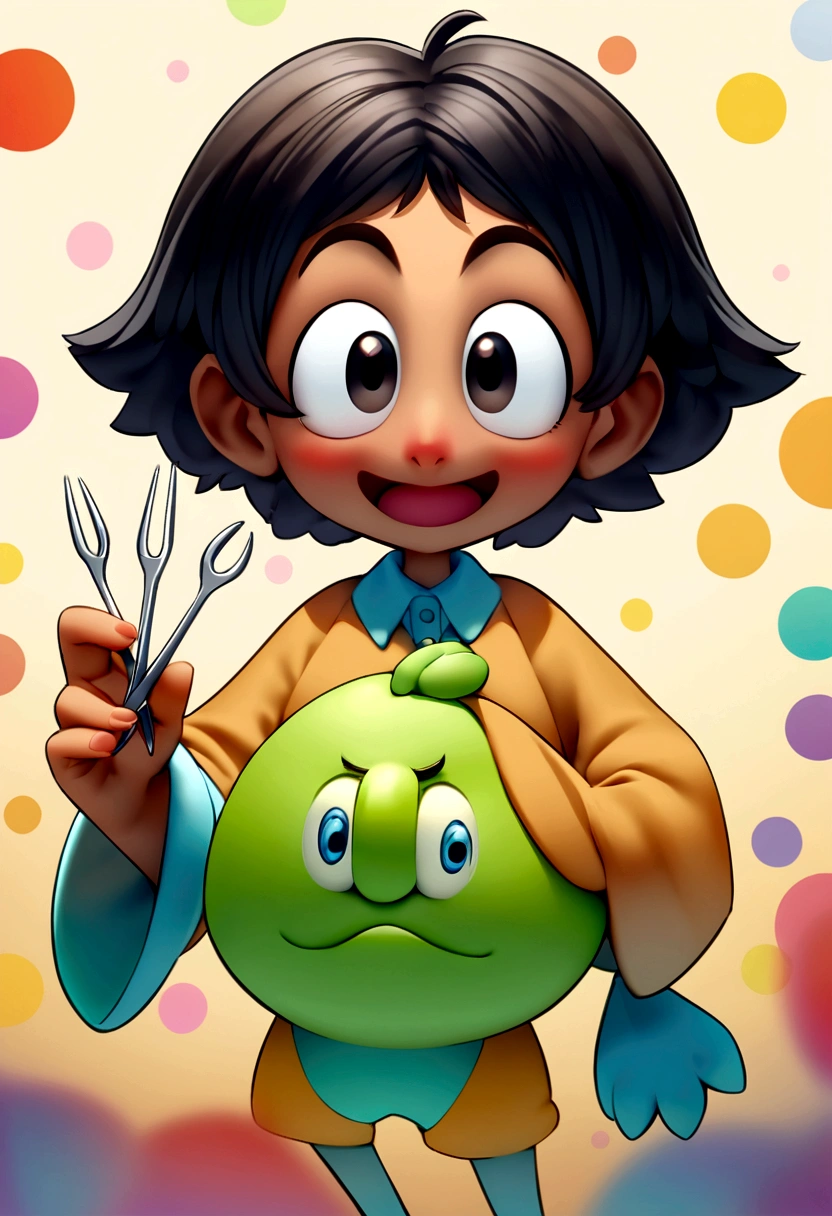 Create a character in the style of the film "Funny Mind" da Pixar. The character must be a girl with black hair, fair brown-skinned, holding small tweezers and silver scissors. The background should be neutral and somewhat blurred.