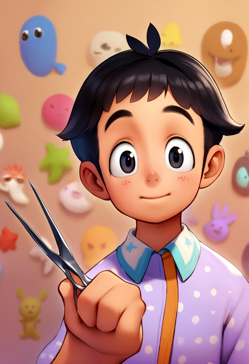 Create a character in the style of the film "Funny Mind" da Pixar. The character must be a girl with black hair, fair brown-skinned, holding small tweezers and silver scissors. The background should be neutral and somewhat blurred.