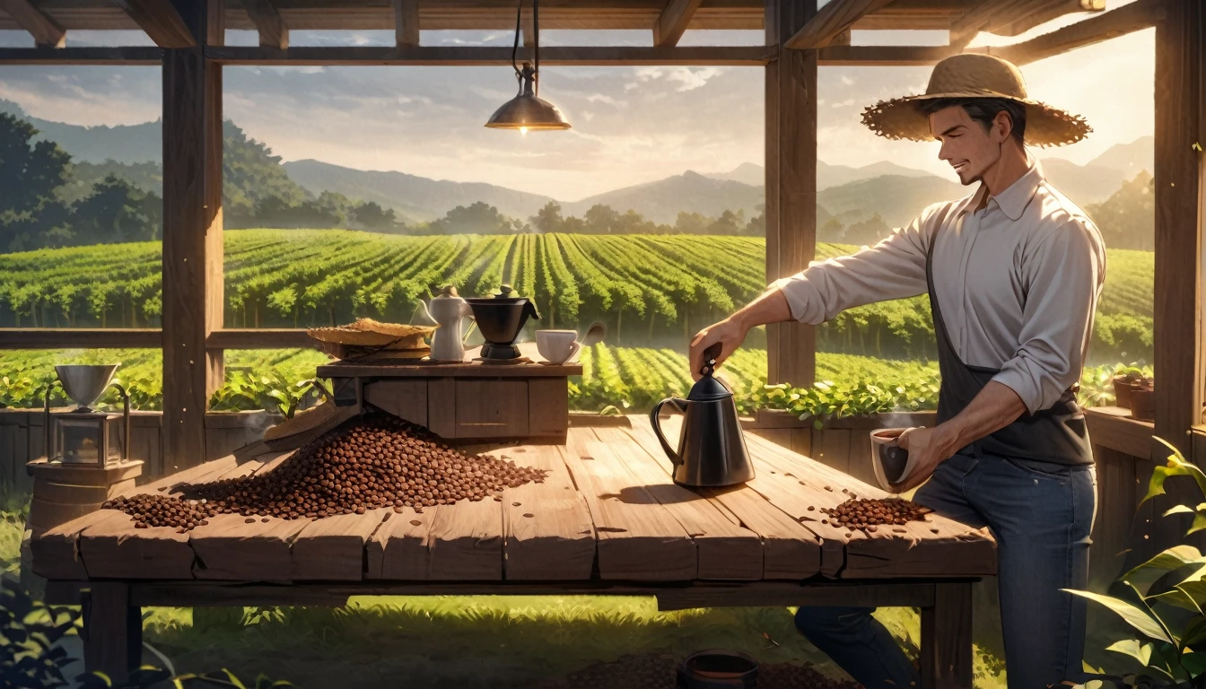 Create an image for a coffee advertising campaign with the following scenario: A green field with coffee plantations at dawn. In the center of the image, a robust and determined man, wearing practical work clothes (jeans, long-sleeved shirt and straw hat), is harvesting coffee beans with a look of pride and satisfaction. Next to him is a rustic table with a steaming cup of coffee, an antique coffee pot, and scattered coffee beans. The lighting is soft and natural, highlighting the beauty of the countryside and the man's dedication to his work. Add a slogan at the top of the image that says "Strength and Dedication in Every Grain."