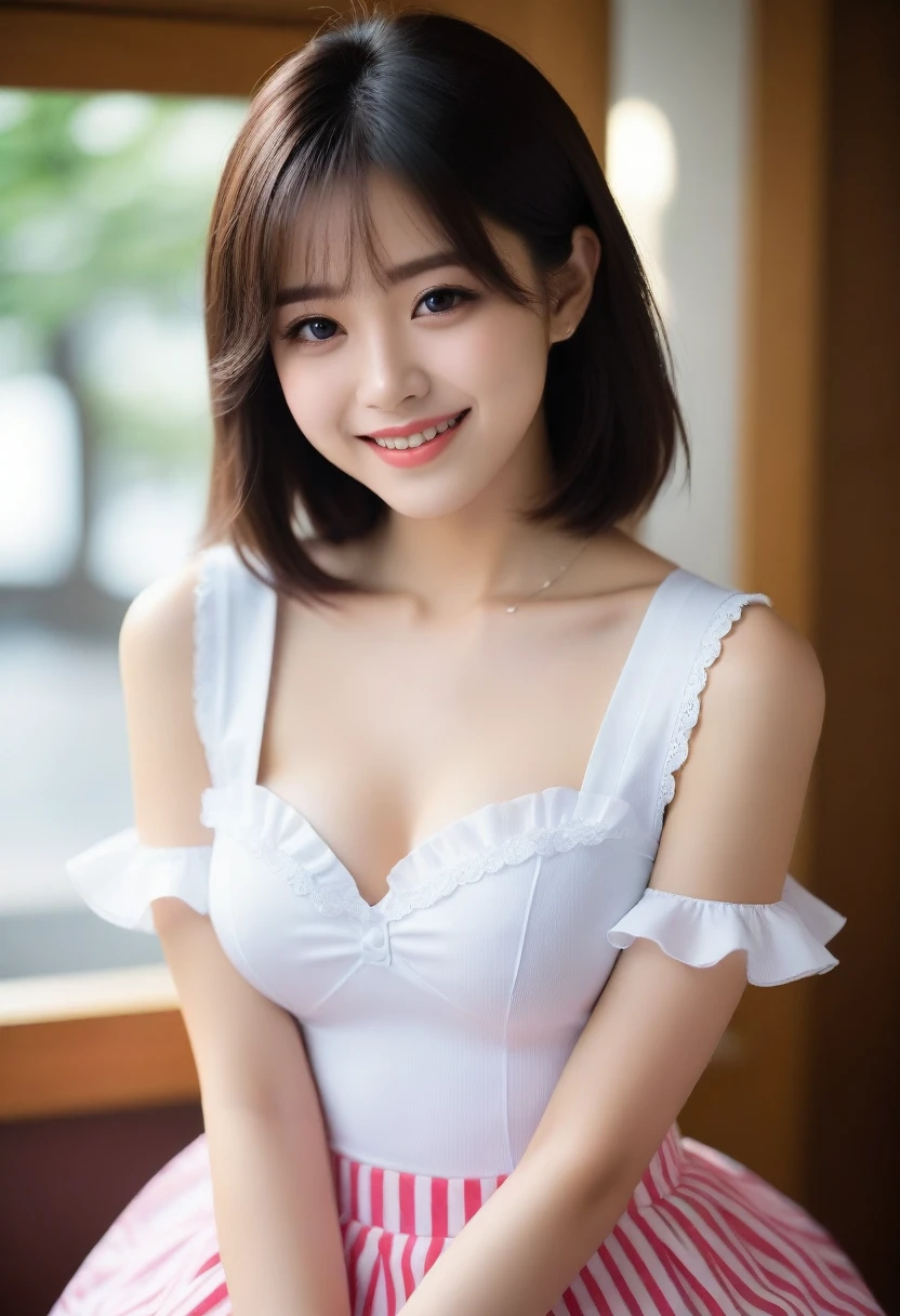 8K, Ultra-high resolution, Highest quality, masterpiece, 三分割法によるphotograph,Surreal, photograph, 1 Girl, (:1.3), pretty girl, Cute face, Beautiful eyes in every detail, 細かくdetailedに,masterpiece,, One Girl:1.2, Japan Female Announcer,whole body,Plain white with emphasis on the chestTshirt、You can see the chest from the neck、Ultramarine and white striped mini skirt、When you lift up her skirt you can see her cute pink frilly underwear.、fluffy, White frilly flared skirt、When she lifted her skirt, She found some cute red frilly underwear, Attractive thighs, Sensual,A carefree smile,Heal the heart,Black Hair,Short Bob,Looking at the audience、beauty,Long neck、Laugh a little、Please close your mouth and laugh、(((Ideal body type))),A cup small breasts :2,、Portraiture:2、Perfect Anatomy、鮮明なdetailed、detailed、Surreal、Light and shadow,Strong light