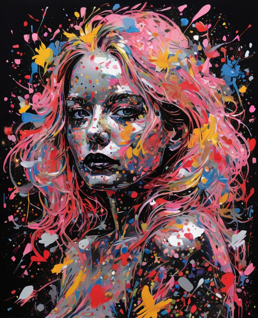 Graffiti, scribble, Comics by Petra Cortright, best quality, masterpiece, glitter artwork, Representative work, official art, Professional, Ultra intricate detailed, 8k, glitter art, Black background 