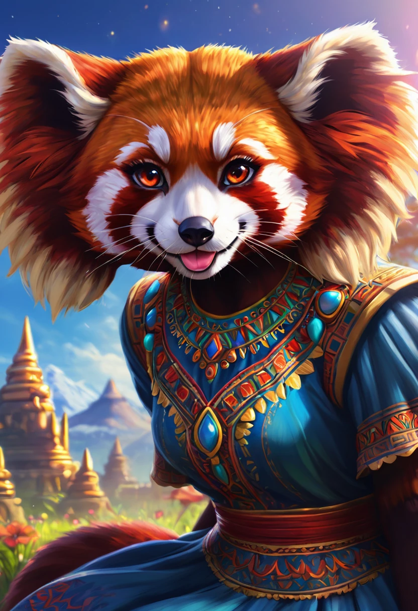 Create an realistic illustrated, hand-drawn, full-color image of an anthropomorphic red panda/elephant women. The artwork should be rendered in the style of "Breath of the Wild," featuring warm lighting and shadows. Include graphite shading, stencil marks, and airbrushed acrylic paint effects. dress. The image should be of the highest quality, a masterpiece with intricate details. The red panda/elephant women should have a female, humanoid, appearance. She should have luscious lips, a wide smile, and bright, expressive eyes, exuding beauty, cuteness, and adorableness. Ensure the image is high resolution and sharply detailed, with a detailed and vibrant background. Incorporate mystical lighting in the background, creating a romantic and enchanting atmosphere.