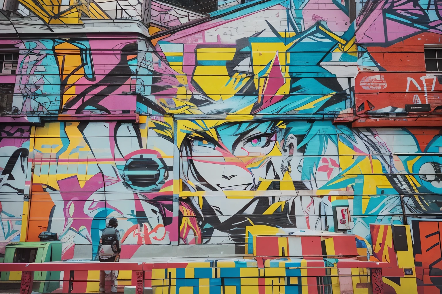 (Best quality, 8k, 32k, Masterpiece, UHD:1.2), "Transform the simple graffiti into a vibrant and stylish mural inspired by the world of Valorant. Picture a dynamic composition filled with bold, neon colors and sharp, futuristic lines. The mural should capture the essence of Valorant's unique art style, combining elements of cyberpunk aesthetics with street art flair.
Incorporate iconic characters from the game, such as Jett, Phoenix, and Killjoy, depicted in action poses that showcase their distinctive abilities. Use dynamic lighting effects and energetic brush strokes to convey movement and excitement, reflecting the fast-paced nature of Valorant gameplay.
The background should feature elements of a futuristic cityscape, with towering skyscrapers, holographic billboards, and digital interfaces. Integrate graffiti-style tags and symbols that resonate with Valorant's urban and rebellious themes, blending seamlessly with the characters and scenery.
Add intricate details and textures to give the mural depth and richness, making each element pop. Use a mix of spray paint techniques and digital art influences to achieve a modern, polished look that stands out.
The overall design should be bold and eye-catching, drawing viewers into the vibrant, high-tech world of Valorant. Capture the spirit of innovation, strategy, and creativity that defines the game, transforming the graffiti into a captivating mural that pays homage to Valorant's unique visual identity."