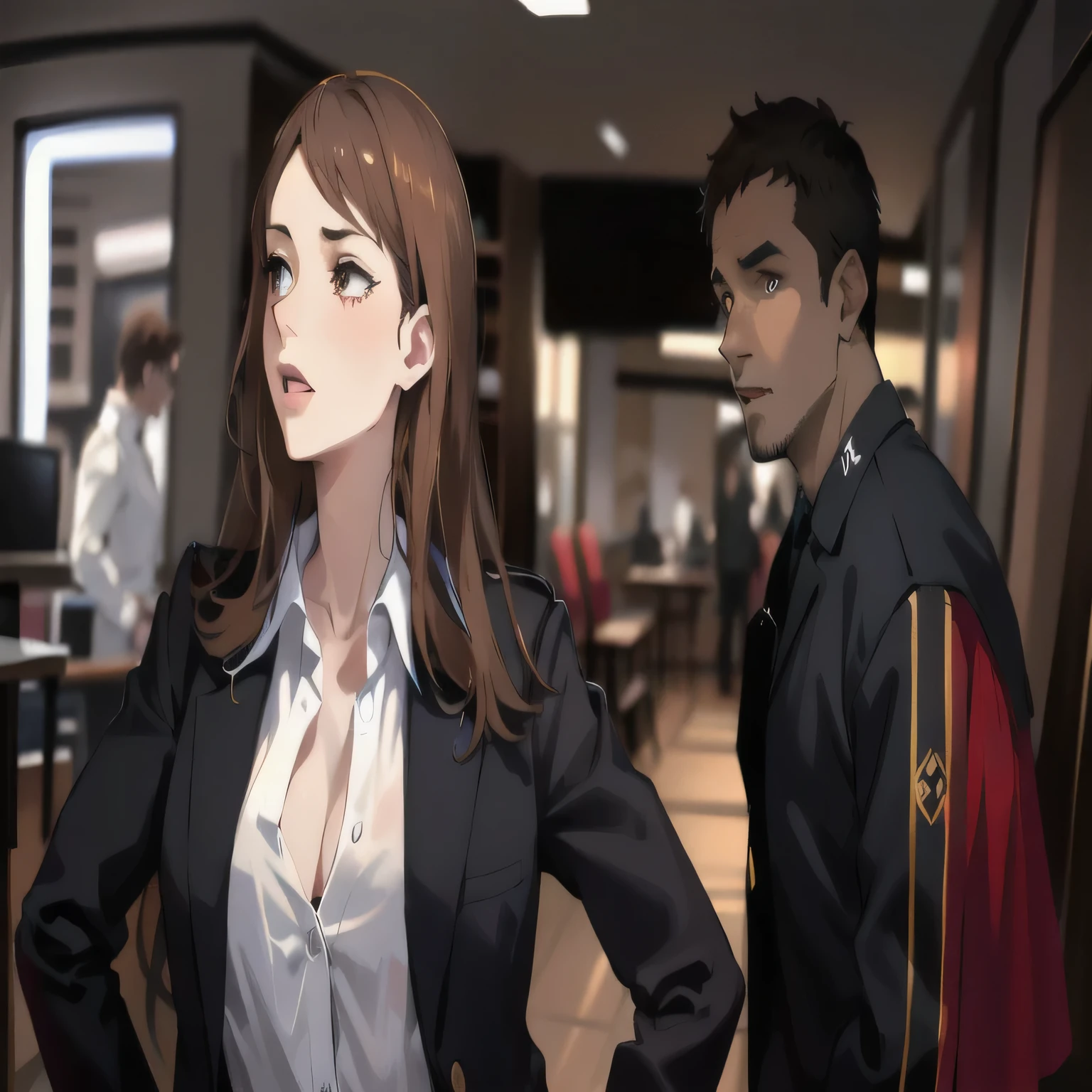 anime - style image of a man and a woman with blonde hair and brown eyes standing in a room, visual novel cg, high quality fanart, digital anime illustration, painted in anime painter studio, visual novel, ; visual novel, realistic artstyle, (sfw) safe for work, highly detailed exquisite fanart, sakimichan and frank franzzeta, official fanart, medium shot of two characters