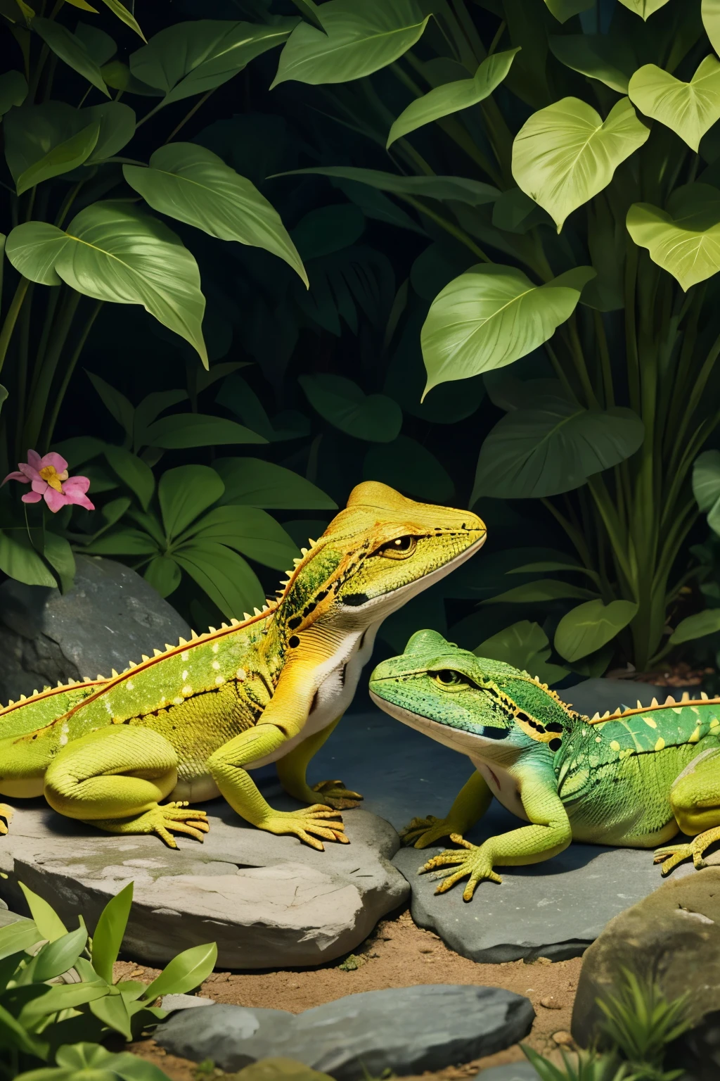 A pair of vividly colored lizards basking in the soft, warm light of a serene garden. Their tails are intertwined, and they gaze at each other affectionately. Surrounding them are lush green leaves, delicate flowers, and sun-dappled rocks, forming a heart shape around them and enhancing the theme of love