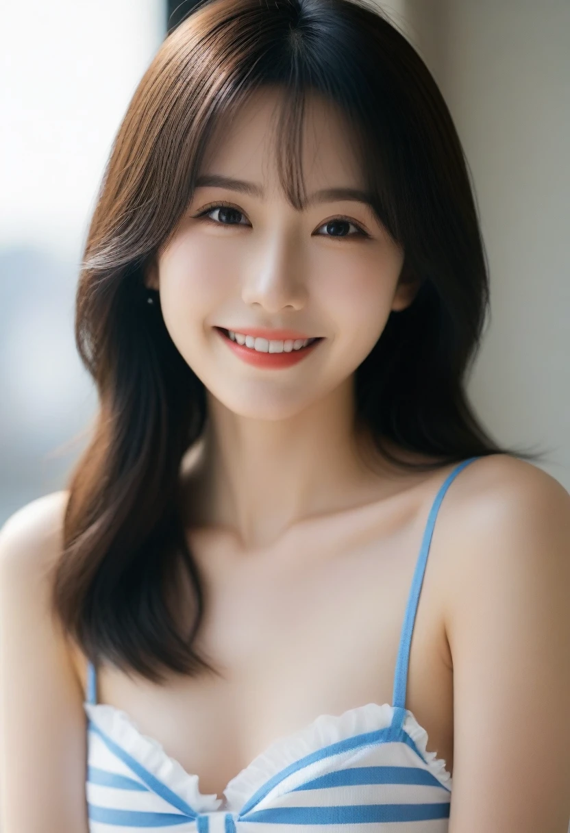 8K, Ultra-high resolution, Highest quality, masterpiece, 三分割法によるphotograph,Surreal, photograph, 1 Girl, (:1.3), pretty girl, Cute face, Beautiful eyes in every detail, 細かくdetailedに,masterpiece,, One Girl:1.2, Japan Female Announcer,whole body,Plain white with emphasis on the chestＴshirt、You can see the chest from the neck、Ultramarine and white striped mini skirt、When you lift up her skirt you can see her cute pink frilly underwear.、fluffy, White frilly flared skirt、When she lifted her skirt, She found some cute red frilly underwear, Attractive thighs, Sensual,A carefree smile,Heal the heart,Black Hair,Short Bob,Looking at the audience、beauty,Long neck、Laugh a little、Please close your mouth and laugh、(((Ideal body type))),A cup small breasts :2,、Portraiture:2、Perfect Anatomy、鮮明なdetailed、detailed、Surreal、Light and shadow,Strong light 