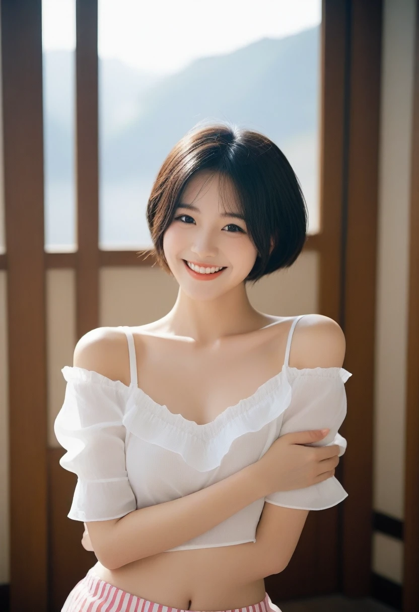 8K, Ultra-high resolution, Highest quality, masterpiece, 三分割法によるphotograph,Surreal, photograph, 1 Girl, (:1.3), pretty girl, Cute face, Beautiful eyes in every detail, 細かくdetailedに,masterpiece,, One Girl:1.2, Japan Female Announcer,whole body,Plain white with emphasis on the chestTshirt、You can see the chest from the neck、Ultramarine and white striped mini skirt、When you lift up her skirt you can see her cute pink frilly underwear.、fluffy, White frilly flared skirt、When she lifted her skirt, She found some cute red frilly underwear, Attractive thighs, Sensual,A carefree smile,Heal the heart,Black Hair,Short Bob,Looking at the audience、beauty,Long neck、Laugh a little、Please close your mouth and laugh、(((Ideal body type))),A cup small breasts :2,、Portraiture:2、Perfect Anatomy、鮮明なdetailed、detailed、Surreal、Light and shadow,Strong light