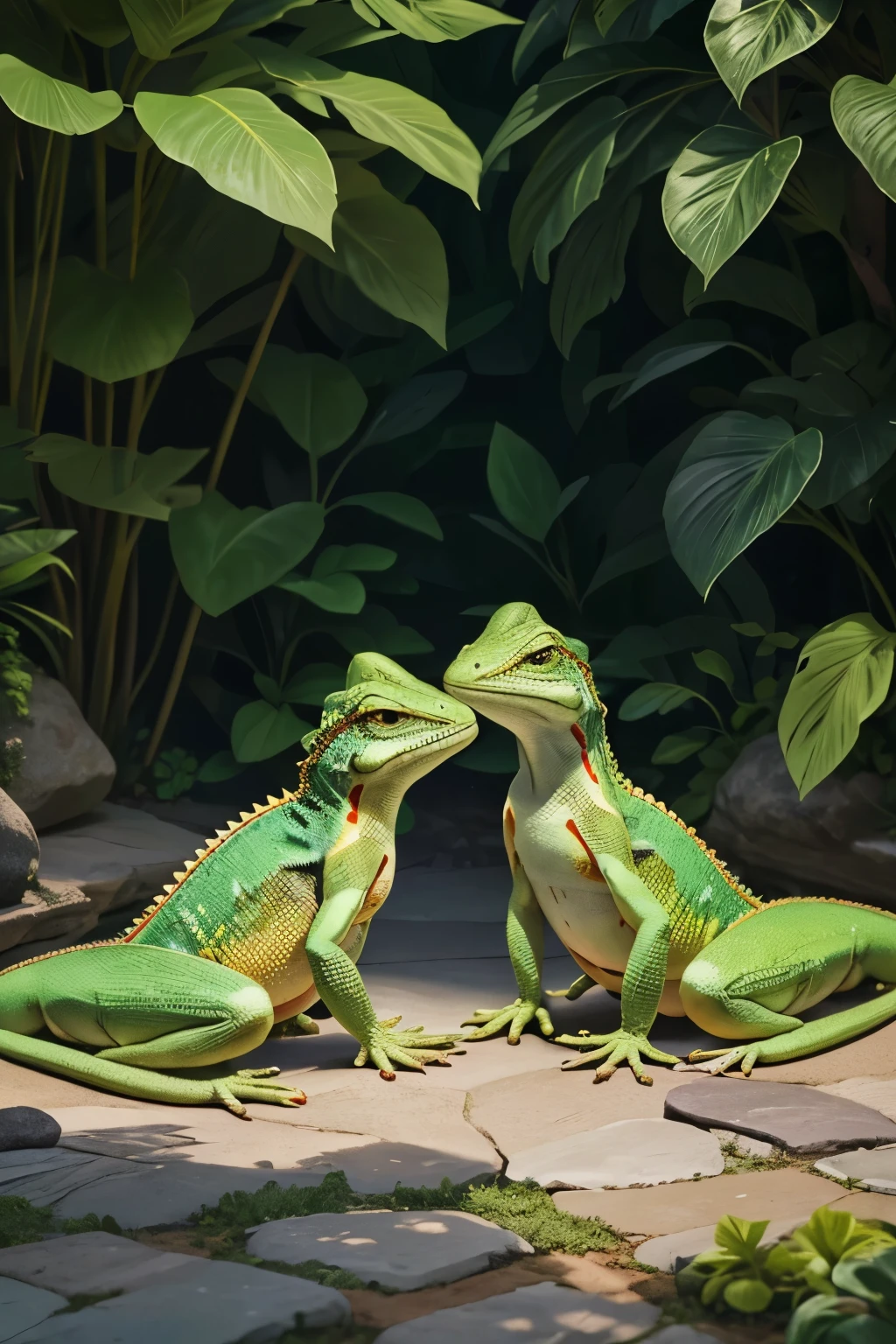 A pair of vividly colored lizards basking in the soft, warm light of a serene garden. Their tails are intertwined, and they gaze at each other affectionately. Surrounding them are lush green leaves, delicate flowers, and sun-dappled rocks, forming a heart shape around them and enhancing the theme of love