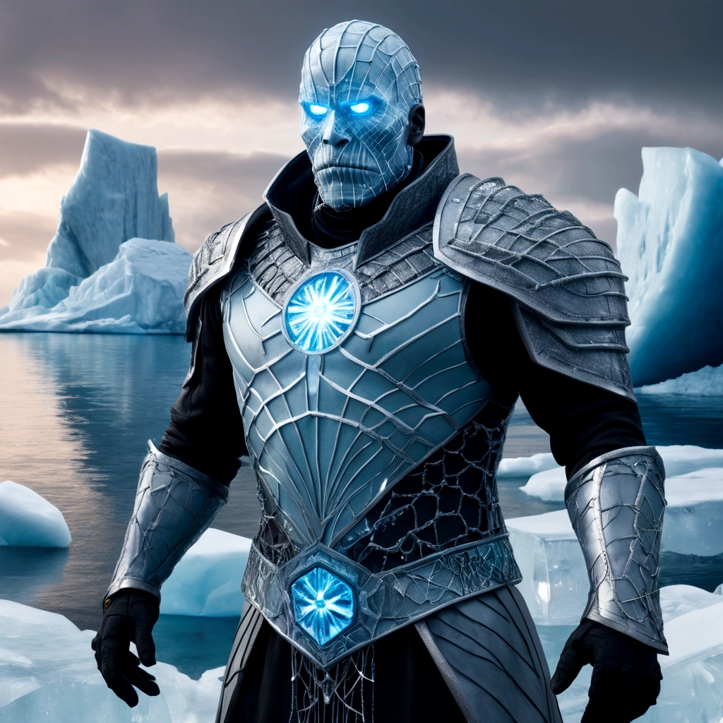 (extremely detailed 8k wallpaper), a medium shot photo of scary Grim dressed as a icey ice-man in an armour made of icey glowing wires from marvel, theme, intricate, high detail, dramatic, old scary building with a huge iceberg in the background
