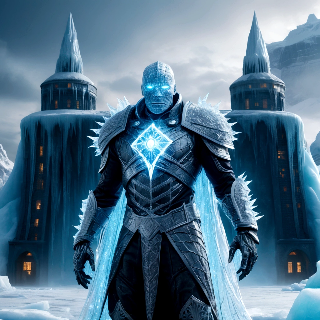 (extremely detailed 8k wallpaper), a medium shot photo of scary Grim dressed as a icey ice-man in an armour made of icey glowing wires from marvel, theme, intricate, high detail, dramatic, old scary building with a huge iceberg in the background