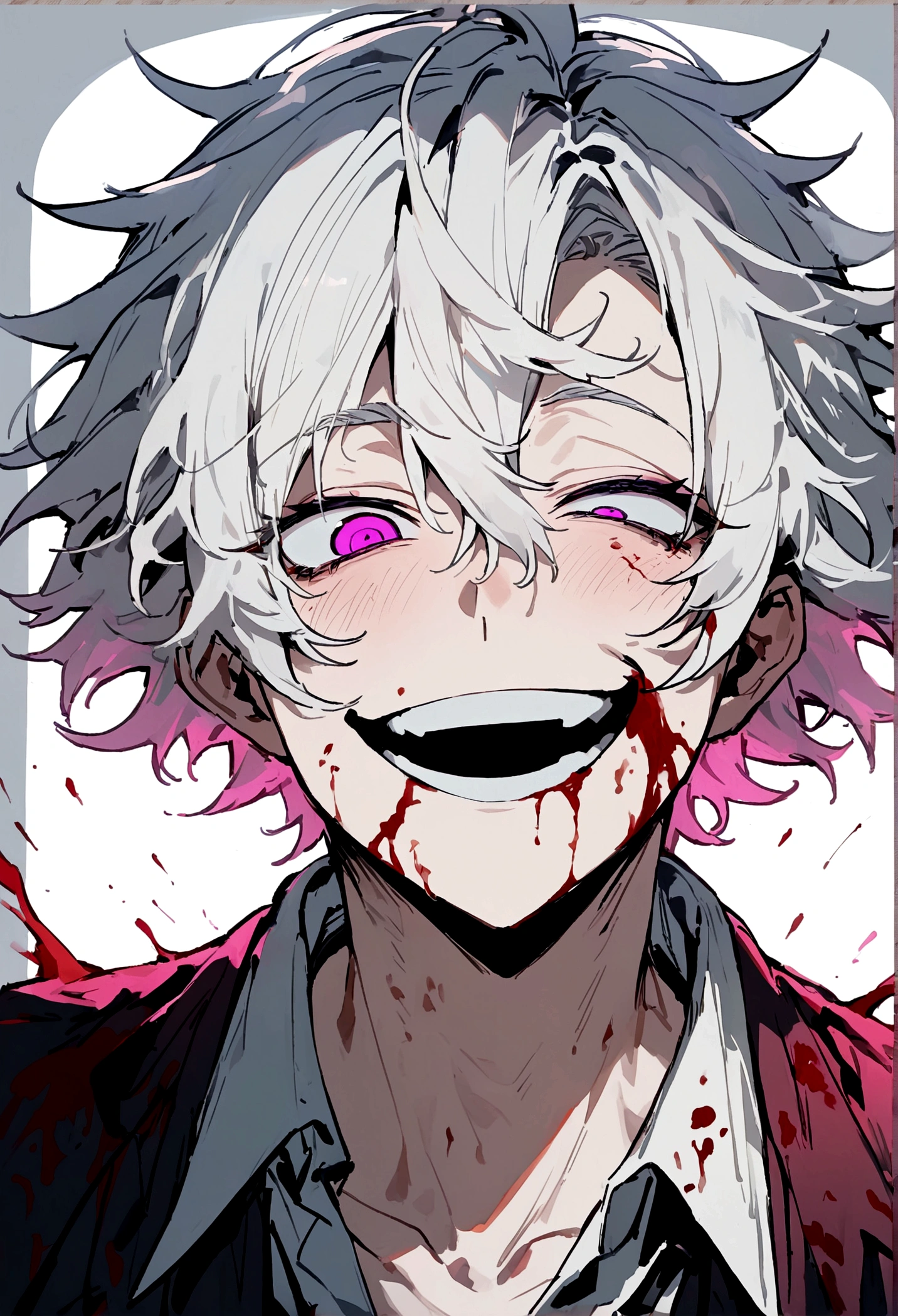 A handsome messy white hair and beautiful eyes that gave the aura of madness,the left eye was open wide and the right eye was squinted in a curve,he had a crazy wide smile,with blood stains on his cheeks, front-facing,front view,wears blood stained clothes, masterpiece,neon/pastel colors