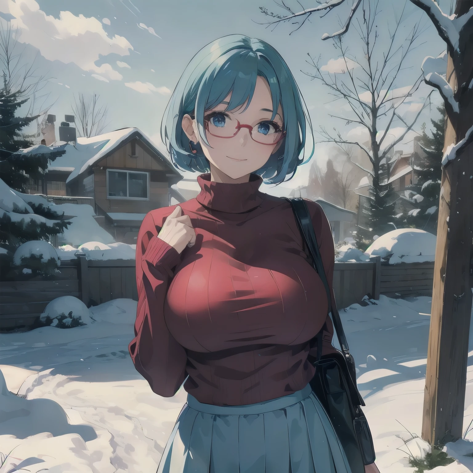 (masterpiece), 1girl, best quality, expressive eyes, perfect face, (huge breasts), short hair, blue eyes BREAK light blue hair BREAK side cut, red glasses BREAK ((mature woman, mature female)), (GILF), outdoors, upper body, standing, snow, day sky, cloudy sky, snow trees, red sweater BREAK blue skirt, pantyhose, smile, looking at viewer, closed mouth,