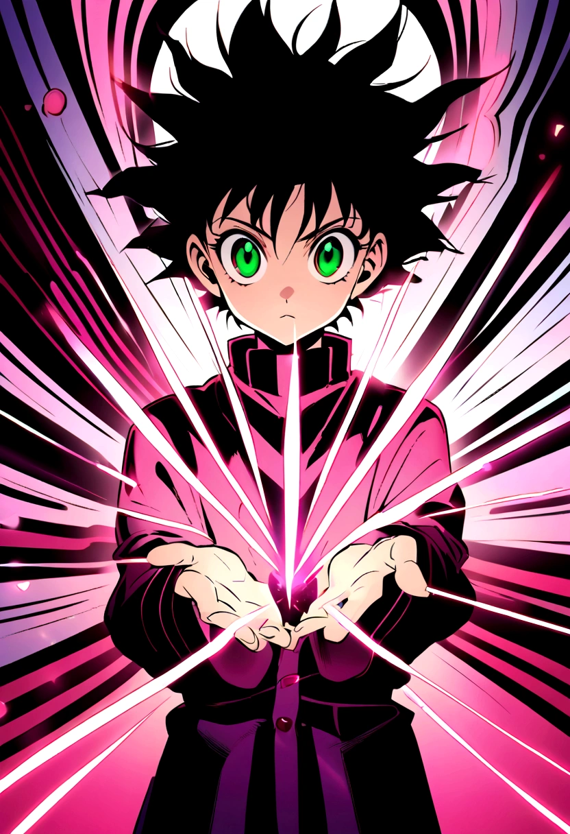  boy with black wavy hair and green eyes wearing pink and black clothes in hunter x hunter manga style