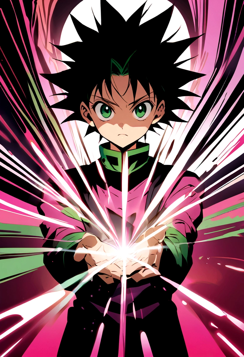 13 year old boy with black wavy hair and green eyes wearing pink and black clothes in hunter x hunter manga style