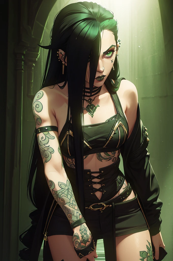 (one girl), (black hair), (green eyes), has (tattoos), (piercings), (light skin but not that light), (long hair) (gothic dark style) (fighting)